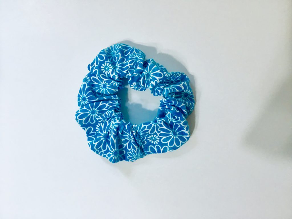 light blue scrunchie with flowers